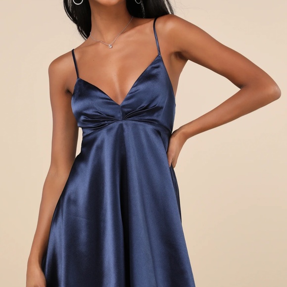 Navy Blue Satin Skater Mini Dress - Picture 3 of 3